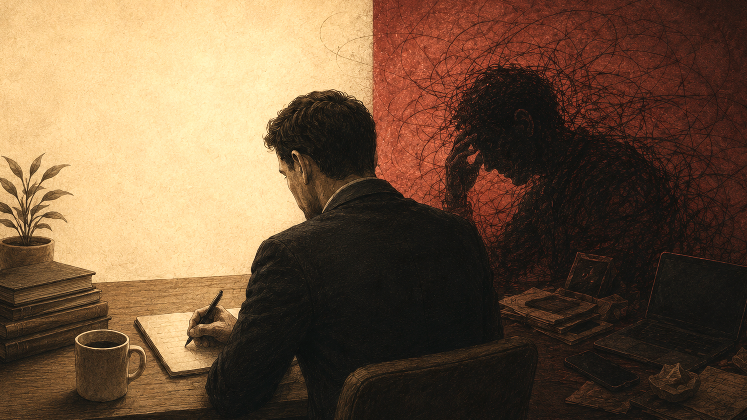 a calm facade vs a shadow of hidden exhaustion and stress
