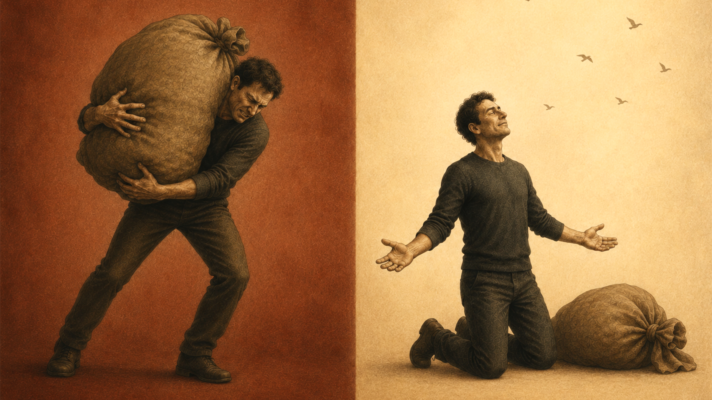 Split illustration: a man straining to carry an enormous sack on one side, and the same man kneeling with arms open, the sack set down beside him, on the other.